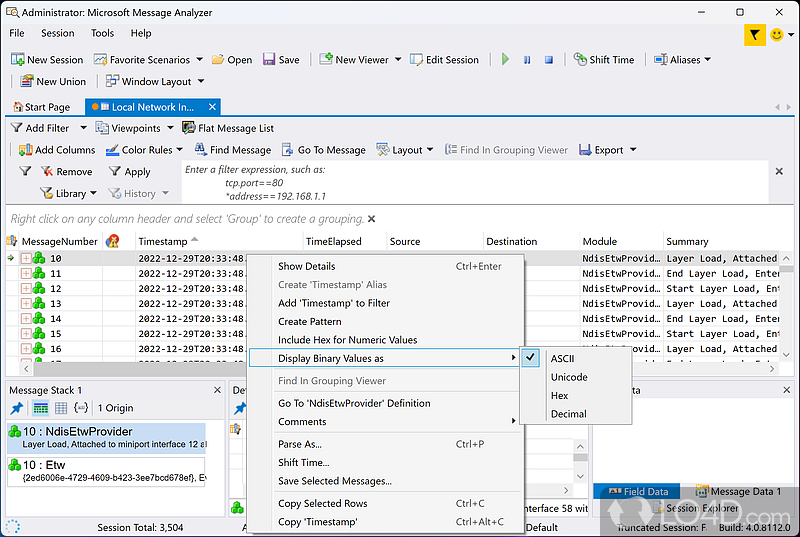 A reliable tool for capturing and analyzing traffic - Screenshot of Microsoft Message Analyzer