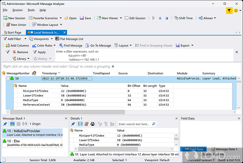 Capture, display, and analyze protocol messaging traffic - Screenshot of Microsoft Message Analyzer