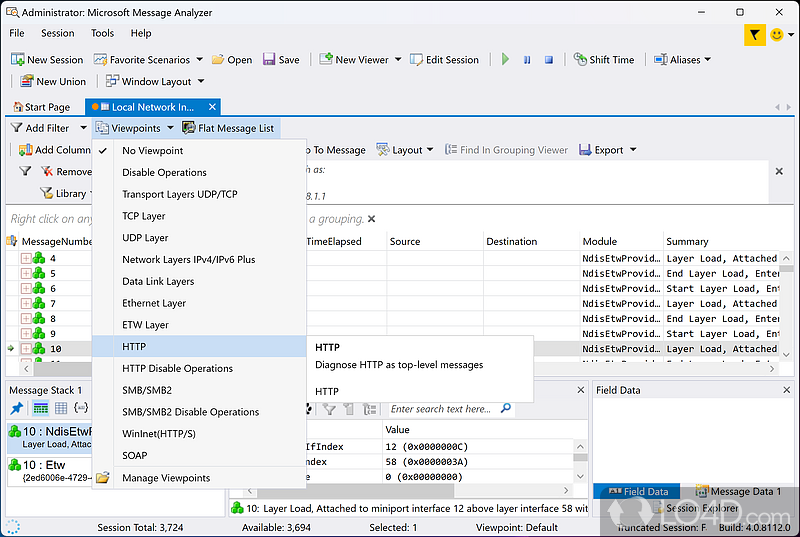 Microsoft Message Analyzer: User interface - Screenshot of Microsoft Message Analyzer