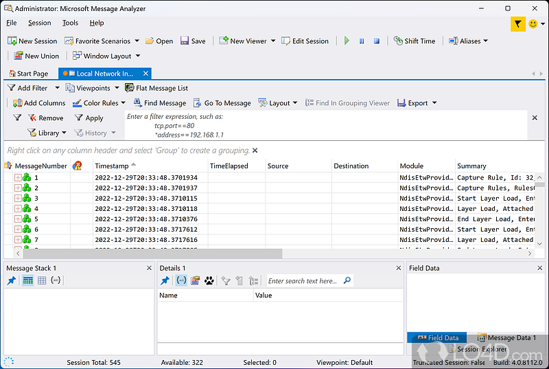 Provides traffic capturing, viewing and analysis functions for tracing and assessing messages from operating system components - Screenshot of Microsoft Message Analyzer