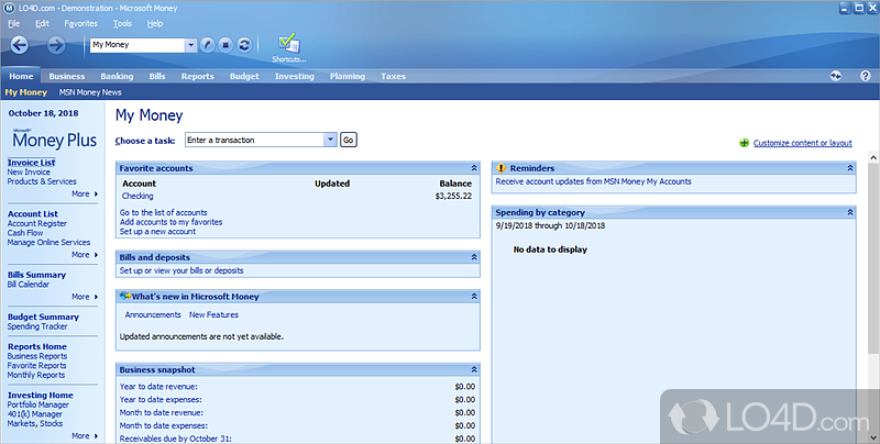 Manage money, create own invoices, set up alerts for all kinds of operations - Screenshot of Microsoft Money