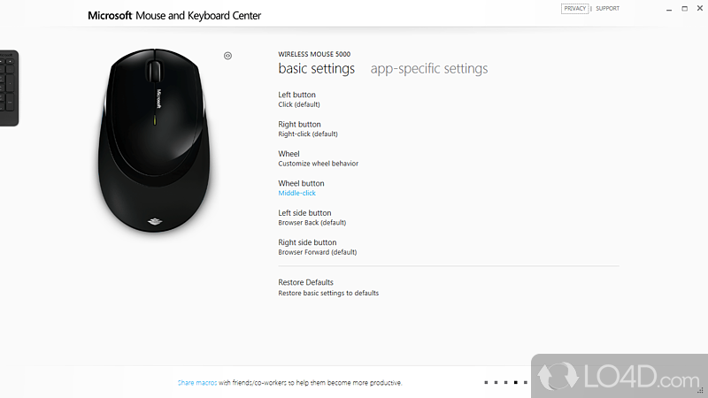 Software solution to customize Microsoft mouse or keyboard and change the key associations as you see fit - Screenshot of Microsoft Mouse and Keyboard Center