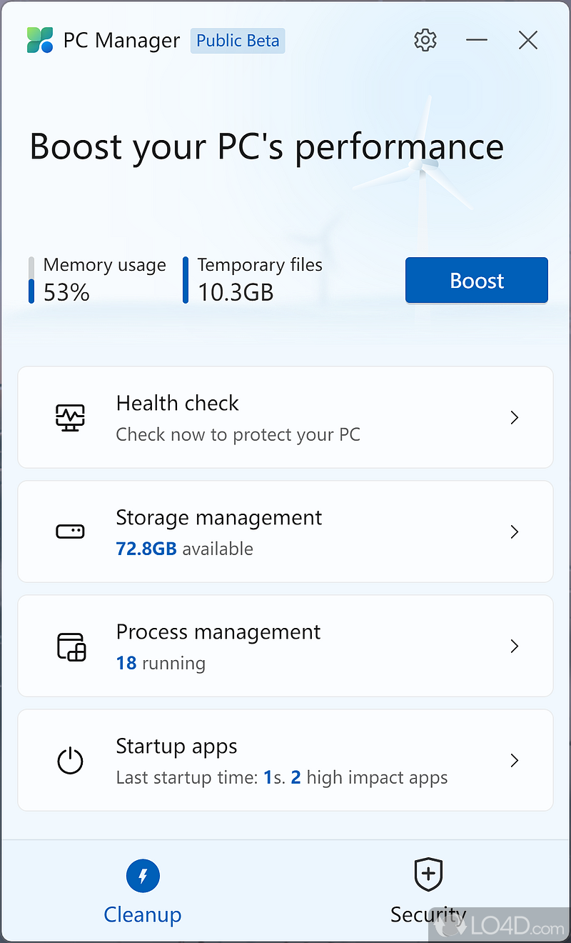 Cleanup tools, a storage and a process manager  - Screenshot of Microsoft PC Manager