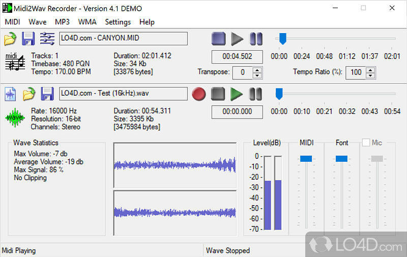 Midi2Wav Recorder: User interface - Screenshot of Midi2Wav Recorder