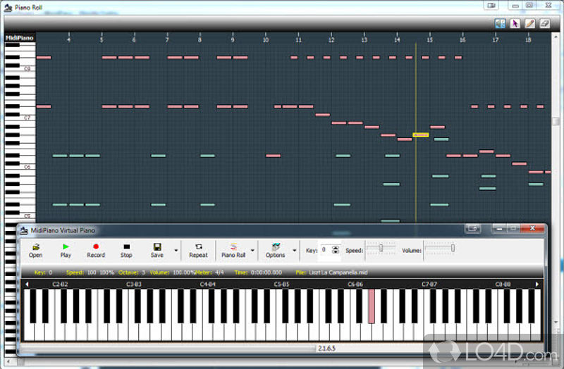 Working with the 'Virtual Piano' and the 'Piano Roll' - Screenshot of MidiPiano