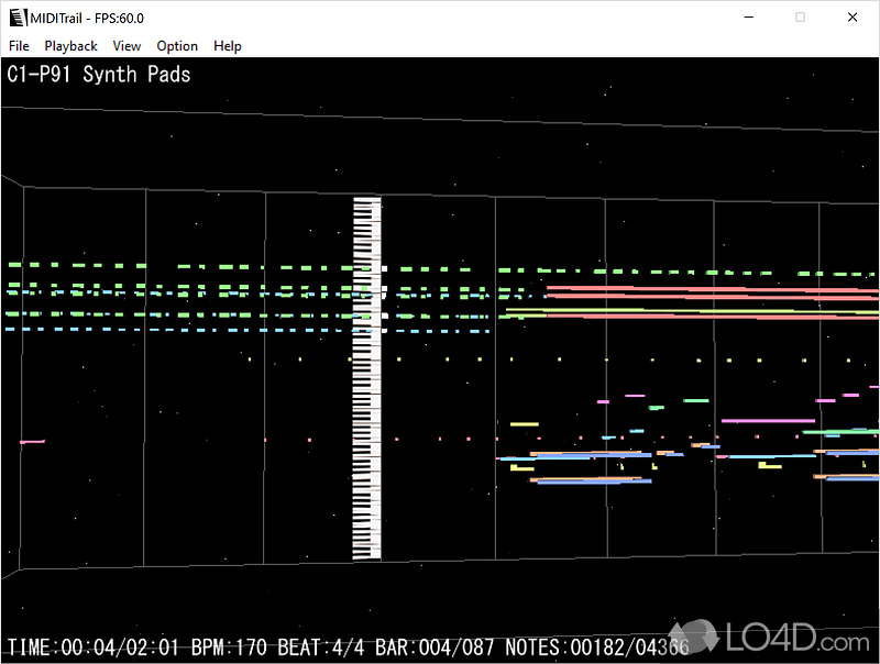 Plays standard MIDI files and can visualize the dataset and the piano keyboard in 3D or 2D - Screenshot of MIDITrail