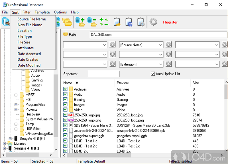 Batch editing of file names - Screenshot of Professional Renamer