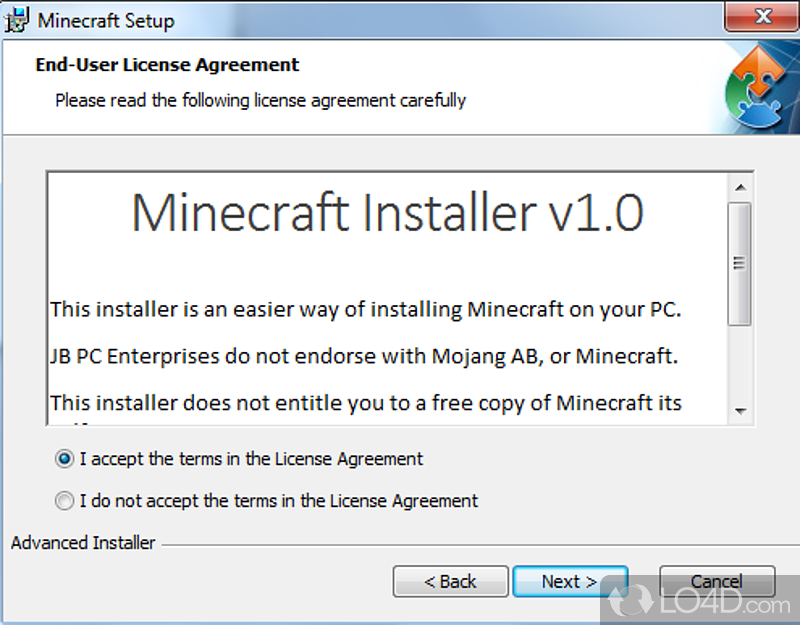 Minecraft Installer: User interface - Screenshot of Minecraft Installer