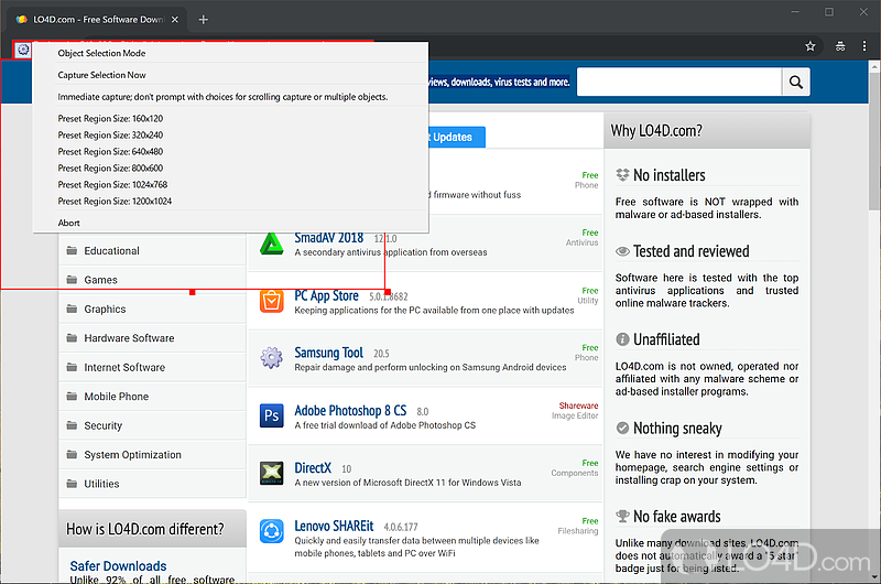 Multiple region size capture options - Screenshot of MiniCap