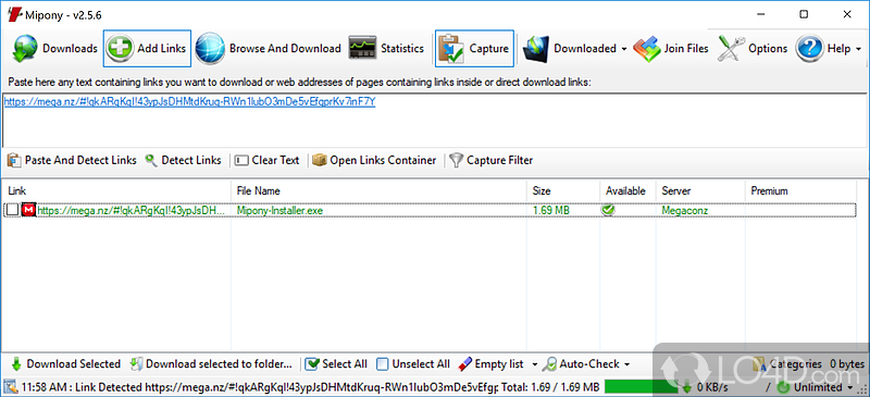 Excellent dowload manager for file hosting sites - Screenshot of Mipony