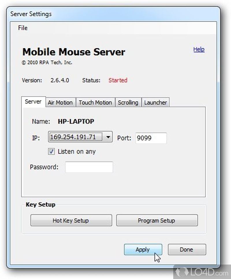 Set up connection details and fully configure interactions in order to control PC from a distance using preferred mobile device - Screenshot of Mobile Mouse Server