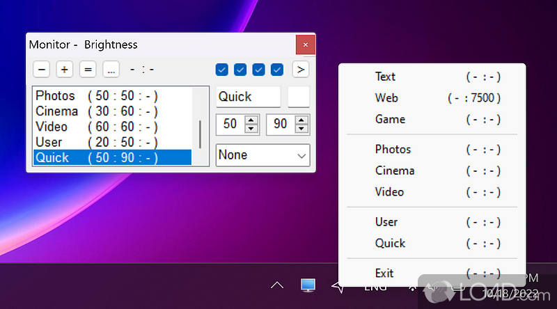 Can manage the brightness, contrast and color of desktop monitor - Screenshot of Monitor Plus
