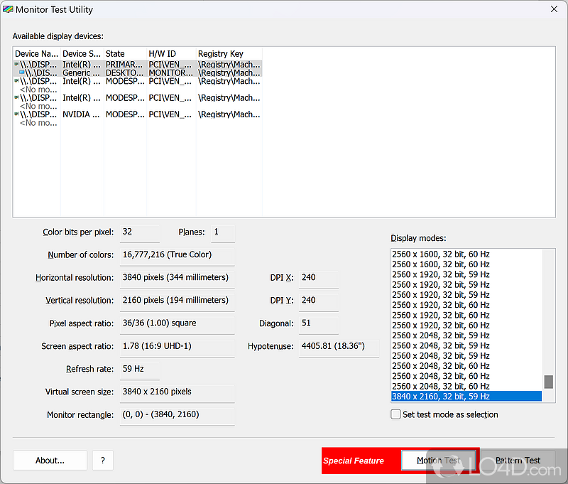 Test display monitor for various patterns and motion parameters - Screenshot of Monitor Test Utility