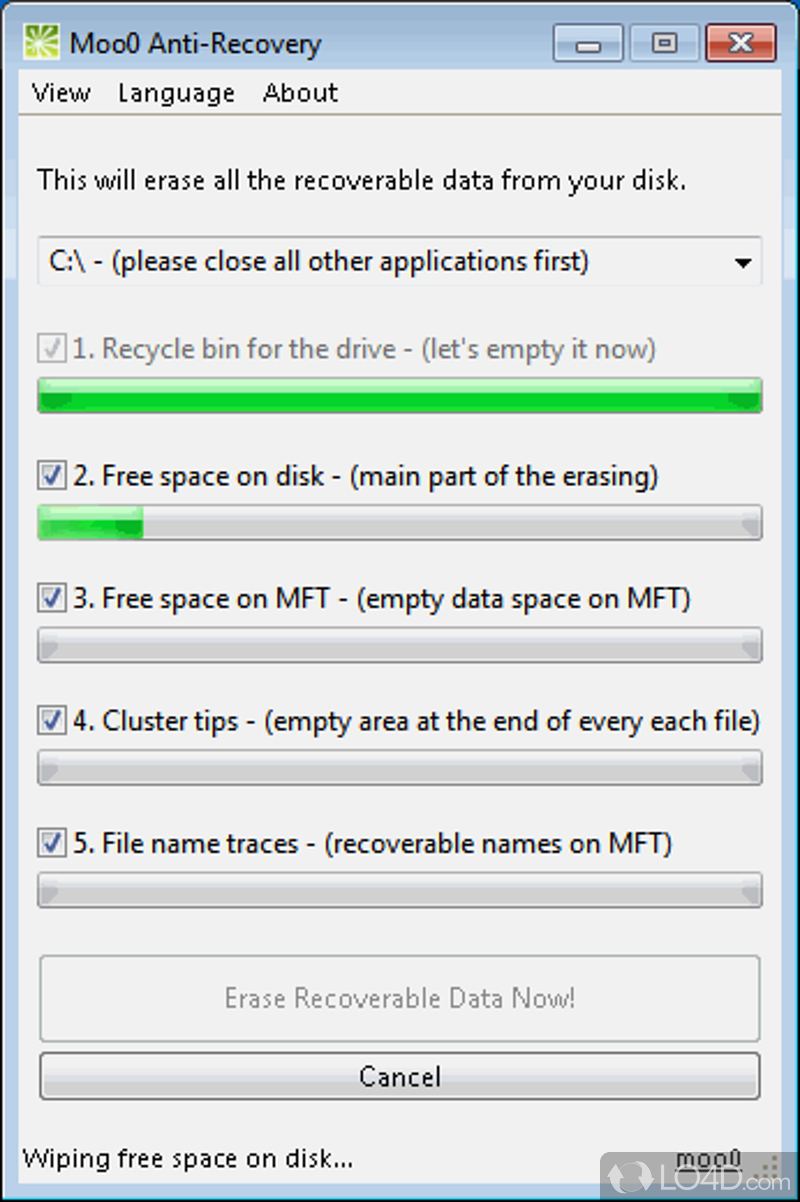 Powerful app that erases recoverable data from hard drive, namely Recycle Bin items, space on disk - Screenshot of Moo0 Anti-Recovery