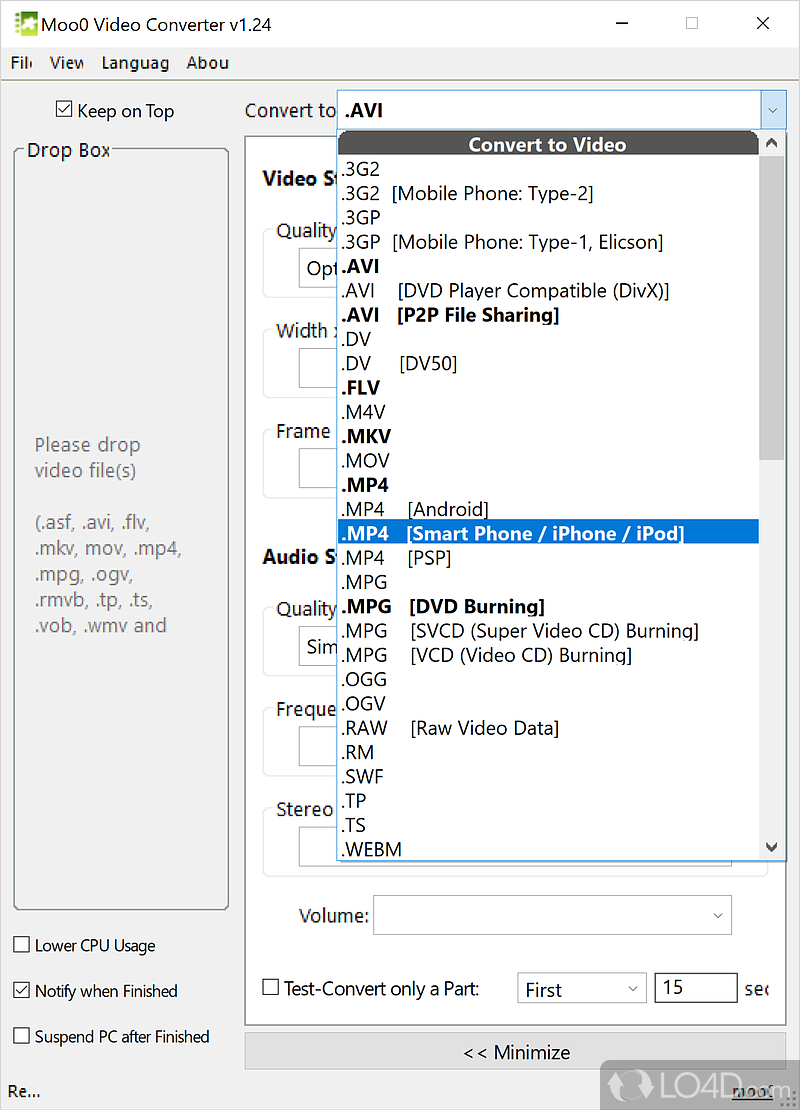 With conversion support for AVI, FLV, MKV, MP4, MPG, RAW, WEBM and more - Screenshot of Moo0 Video Converter