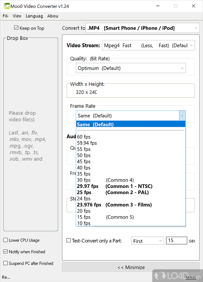 Select between a variety of common frame rate options including NTSC, PAL and high frame rate 60 fps - Screenshot of Moo0 Video Converter