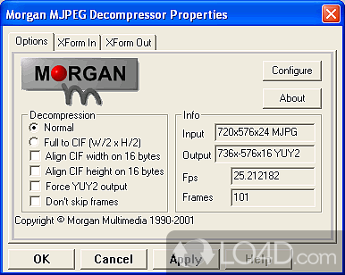 Piece of software functioning as an optimized Motion JPEG video codec, so watch all videos - Screenshot of Morgan Multimedia MJPEG Codec