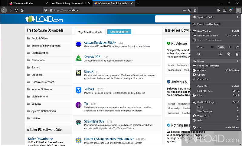 Includes bleeding-edge technology for high speed and security - Screenshot of Firefox