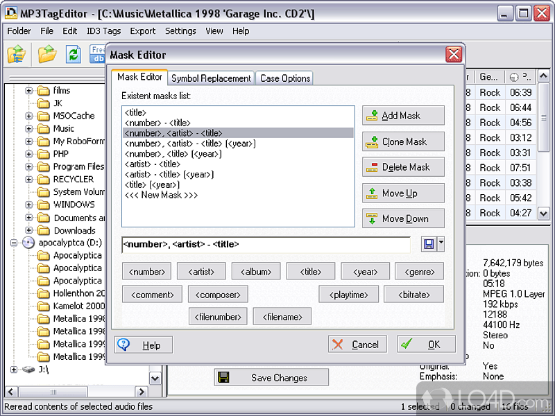 ID3v1/v2 tags editor & filename renamer - Screenshot of MP3TagEditor