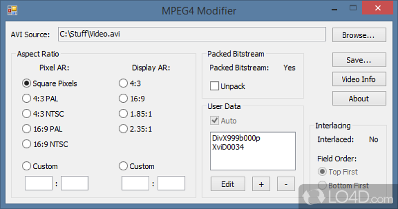 Modify the playback parameters of MPEG4 videos, change their aspect ratio, pack bitstream - Screenshot of MPEG4 Modifier