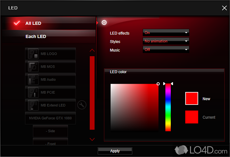 Switch between several screen color profiles and control your graphics card’s LED lighting effects - Screenshot of MSI Gaming App