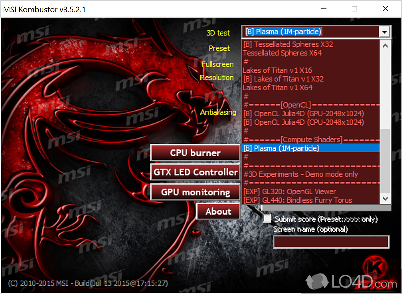Powerful benchmarking software - Screenshot of MSI Kombustor