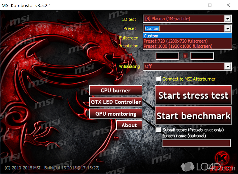 OpenGL graphics benchmarking software that's based on FurMark - Screenshot of MSI Kombustor
