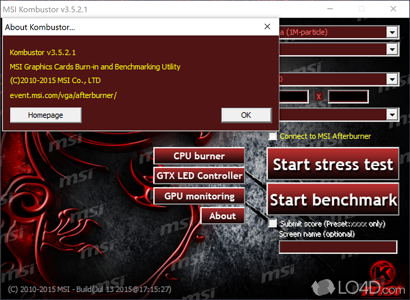MSI Kombustor: User interface - Screenshot of MSI Kombustor