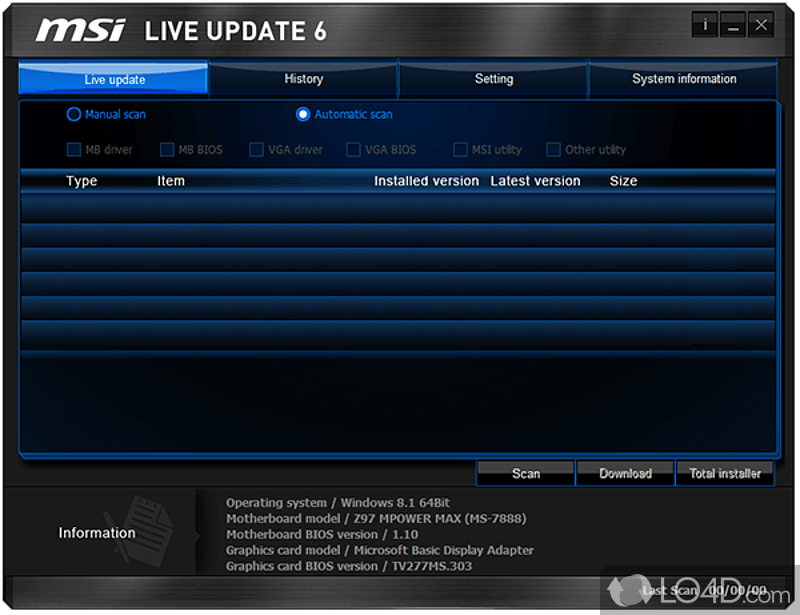 Update BIOS, drivers, firmware and utilities - Screenshot of MSI Live Update