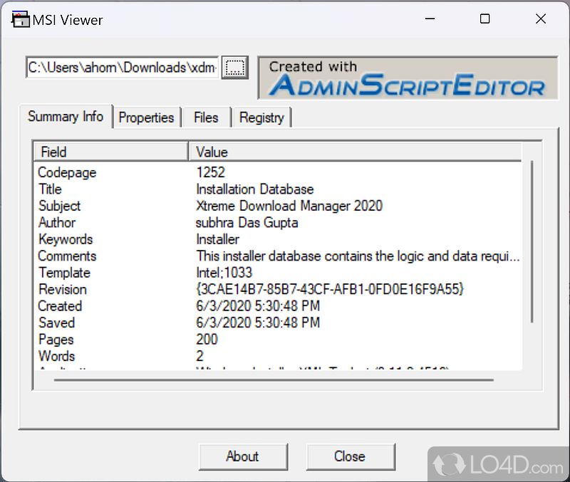 With this program see summary information, properties, files - Screenshot of MSIViewer