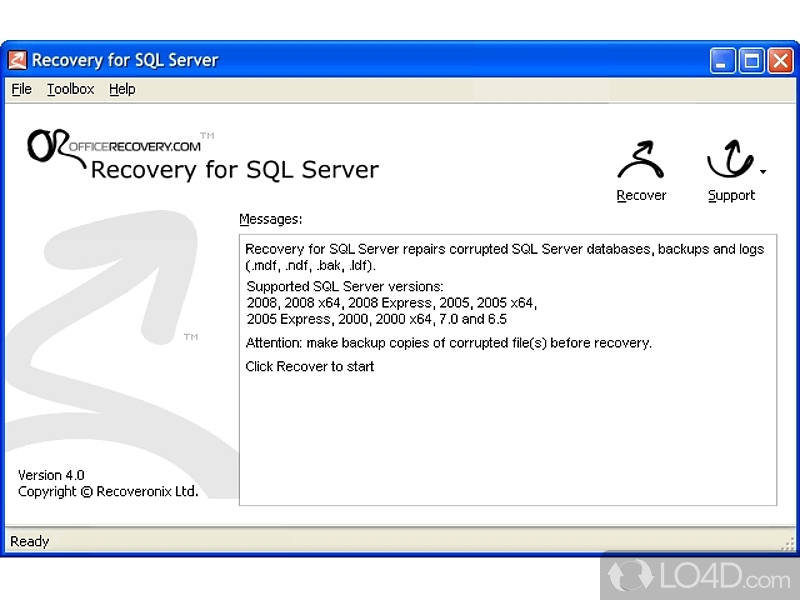 To recover information from corrupted and damaged SQL server files - Screenshot of MSSQL Recovery