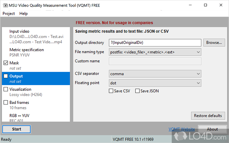Personalize attributes for each output mode - Screenshot of MSU Video Quality Measurement Tool