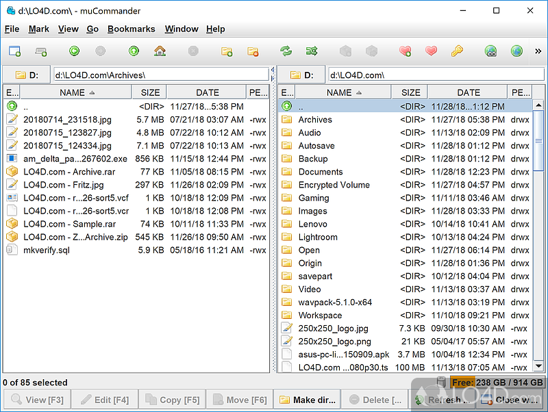 Cross-platform file manager that features a double-sided interface where easily handle files - Screenshot of muCommander