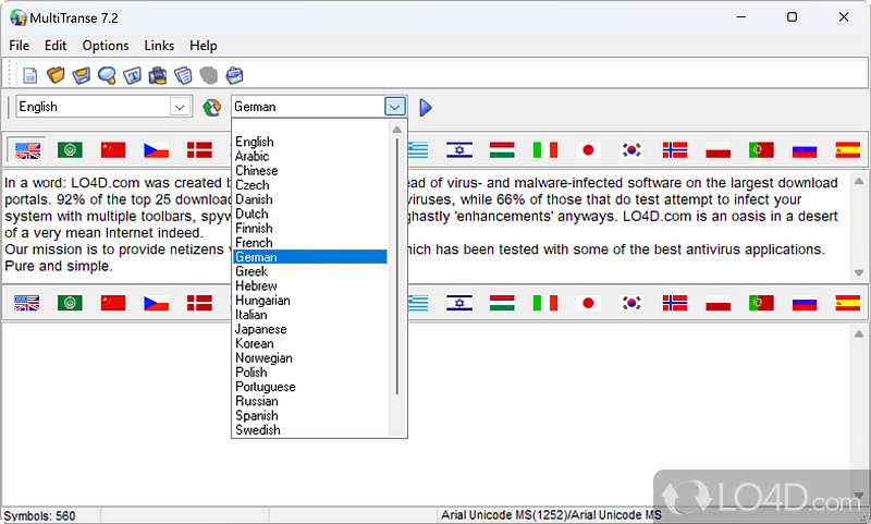 Paste your text and select the source and the target languages - Screenshot of MultiTranse