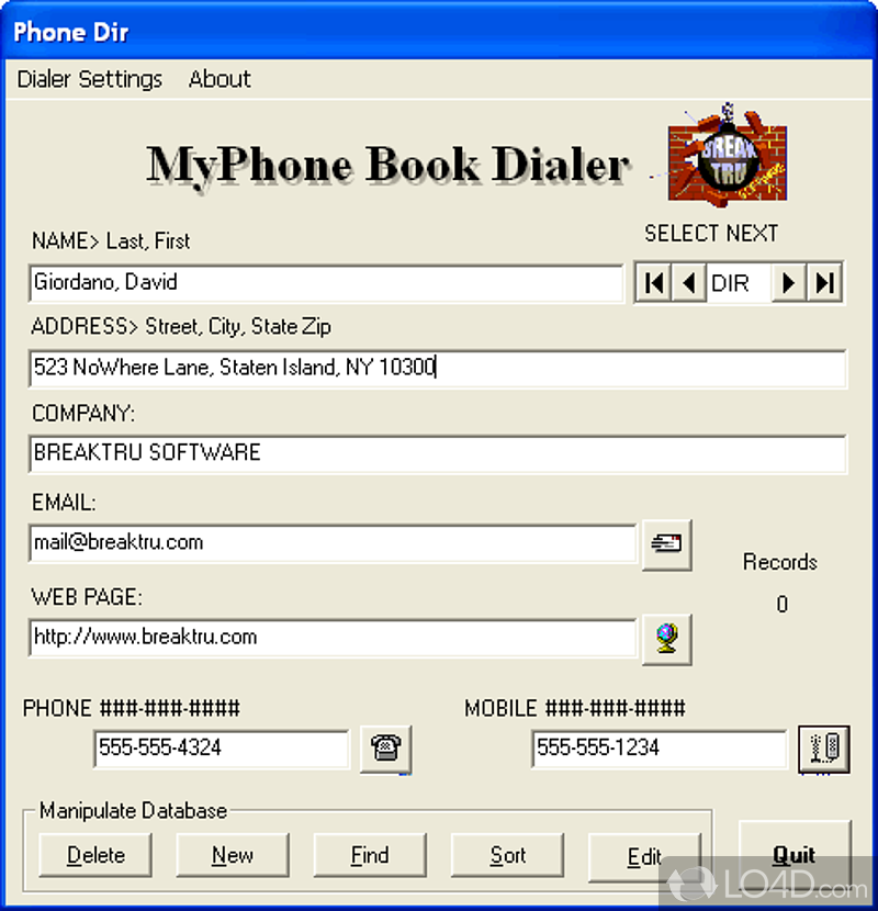 Store personal or business contacts' phone numbers, addresses, emails and web pages - Screenshot of MyPhone Book Dialer