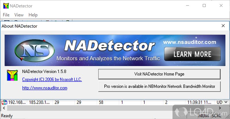 Monitors and analyzes the network traffic - Screenshot of NADetector