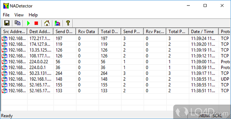 Monitors and analyzes the network traffic and displays statistical information pertaining to each IP address pair and protocol - Screenshot of NADetector