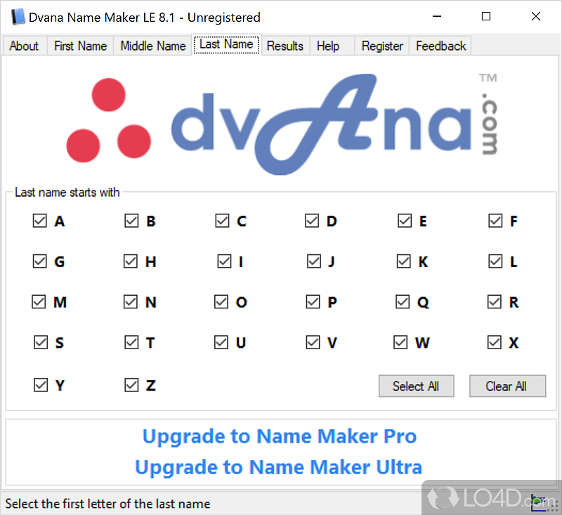 Choose name initials and amount to generate - Screenshot of Name Maker LE