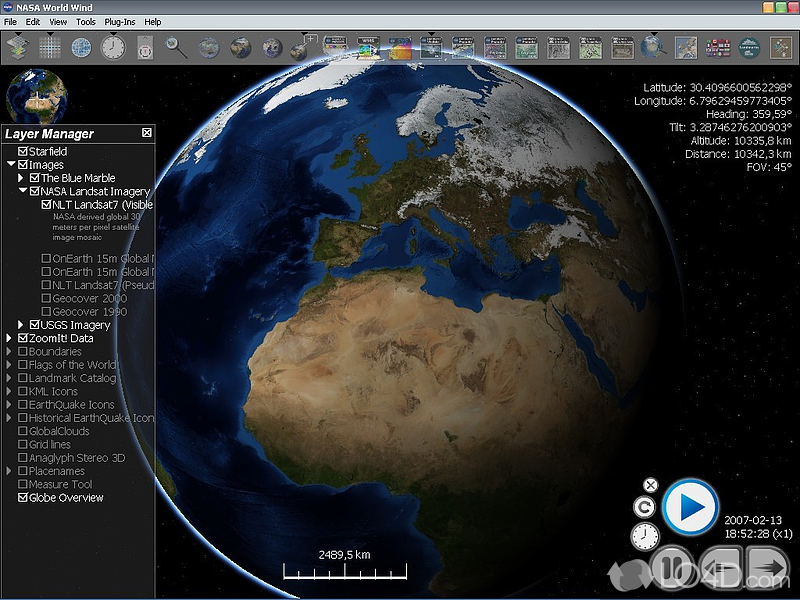 Lets you zoom from satellite altitude into any place on Earth, find locations, work with a compass - Screenshot of NASA World Wind