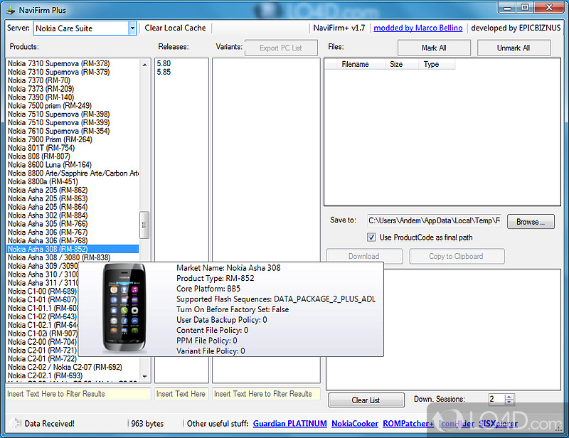 Decide which firmware is more suitable to Nokia mobile phone by selecting from several firmware versions (if available) - Screenshot of NaviFirm Plus