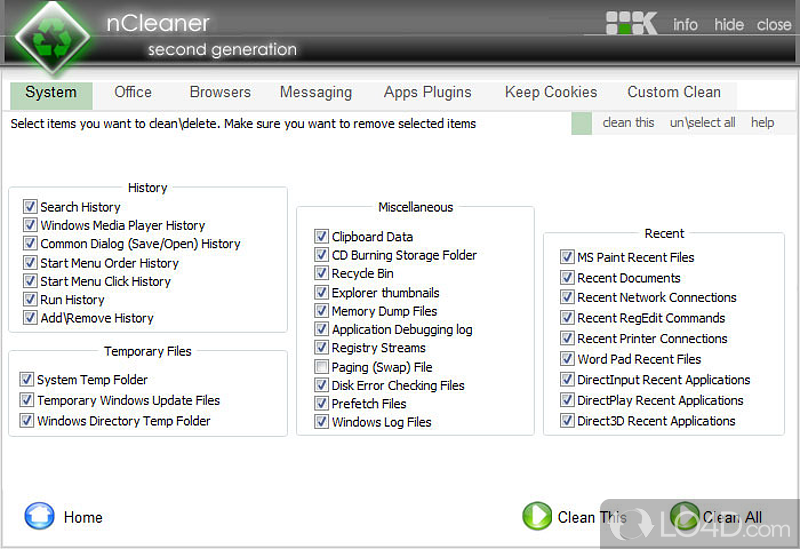 nCleaner: User interface - Screenshot of nCleaner