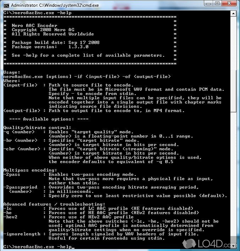 Convert WAV files (that are created using the PCM format) to MP4 file format - Screenshot of Nero AAC Codec