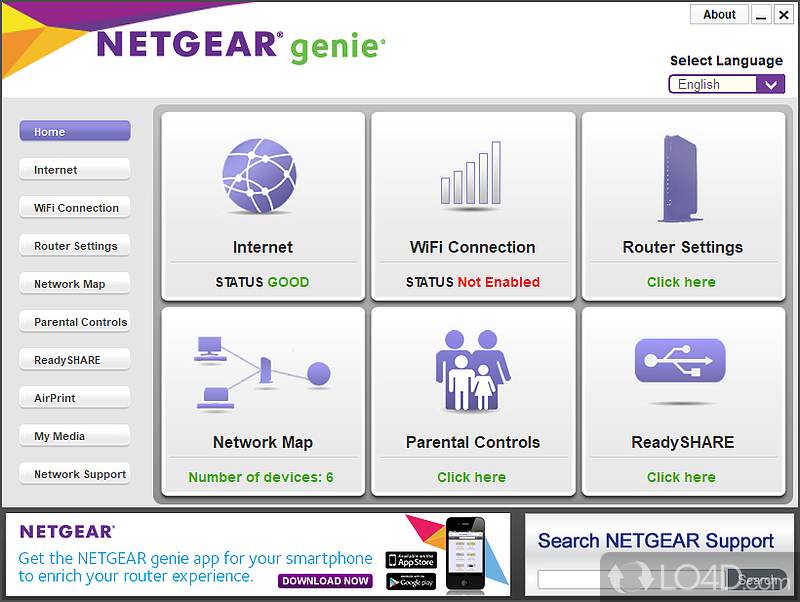 Monitors network, sets up restrictions for certain websites, helps you configure router - Screenshot of NETGEAR Genie