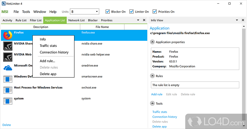 Internet traffic control and monitoring tool - Screenshot of NetLimiter