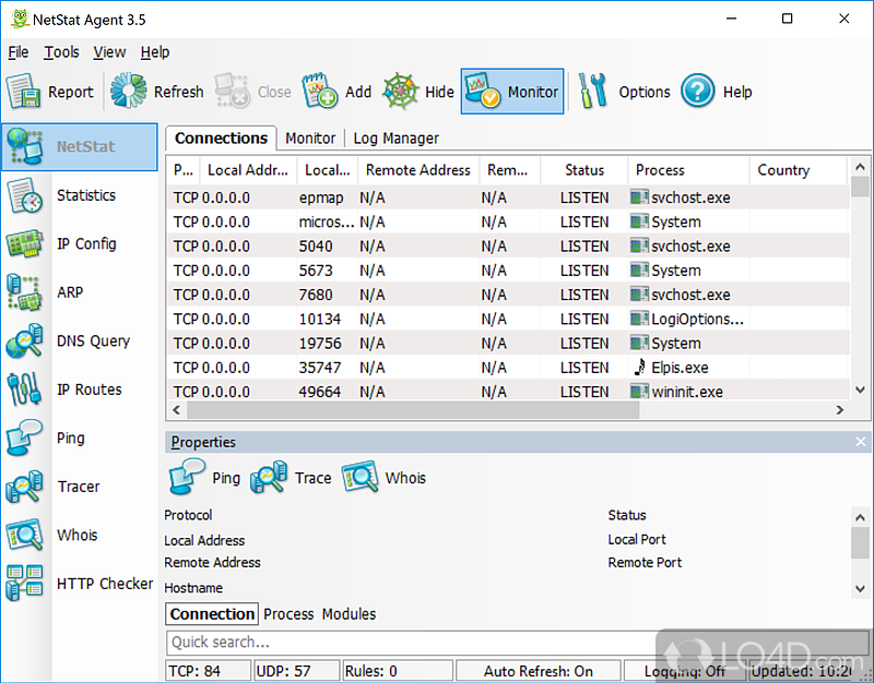 Clever and app designed for network monitoring and connections diagnosis, that can monitor TCP and UDP process connections - Screenshot of NetStat Agent