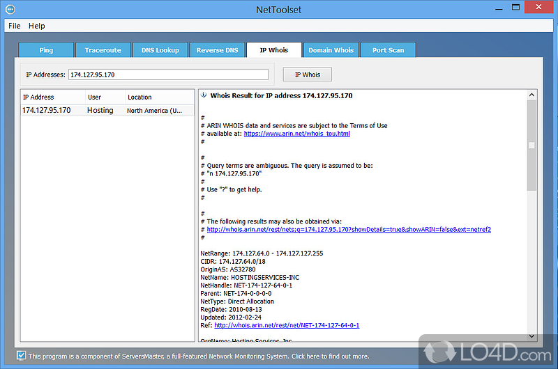 Tabbed interface with clear options - Screenshot of NetToolset