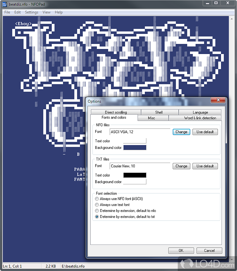-to-handle and NFO viewer and text editor, which also offers support for ASCII and ANSI character encoding schemes - Screenshot of NFOPad