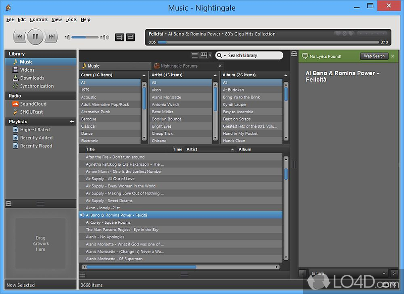 Organize playlists with tunes, access different web pages for more content - Screenshot of Nightingale