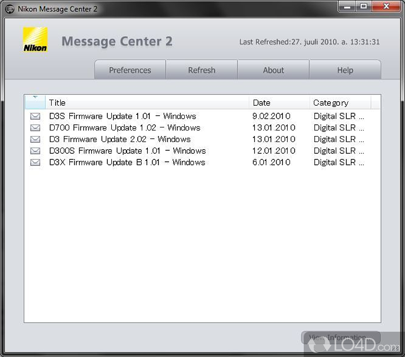 Nikon Message Center: User interface - Screenshot of Nikon Message Center