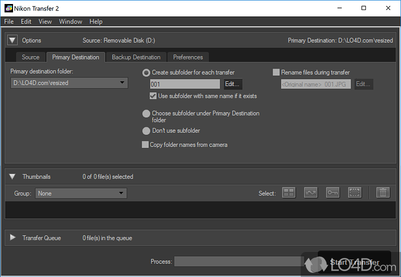 Nikon image processing utility to transfer images from a camera - Screenshot of Nikon Transfer 2